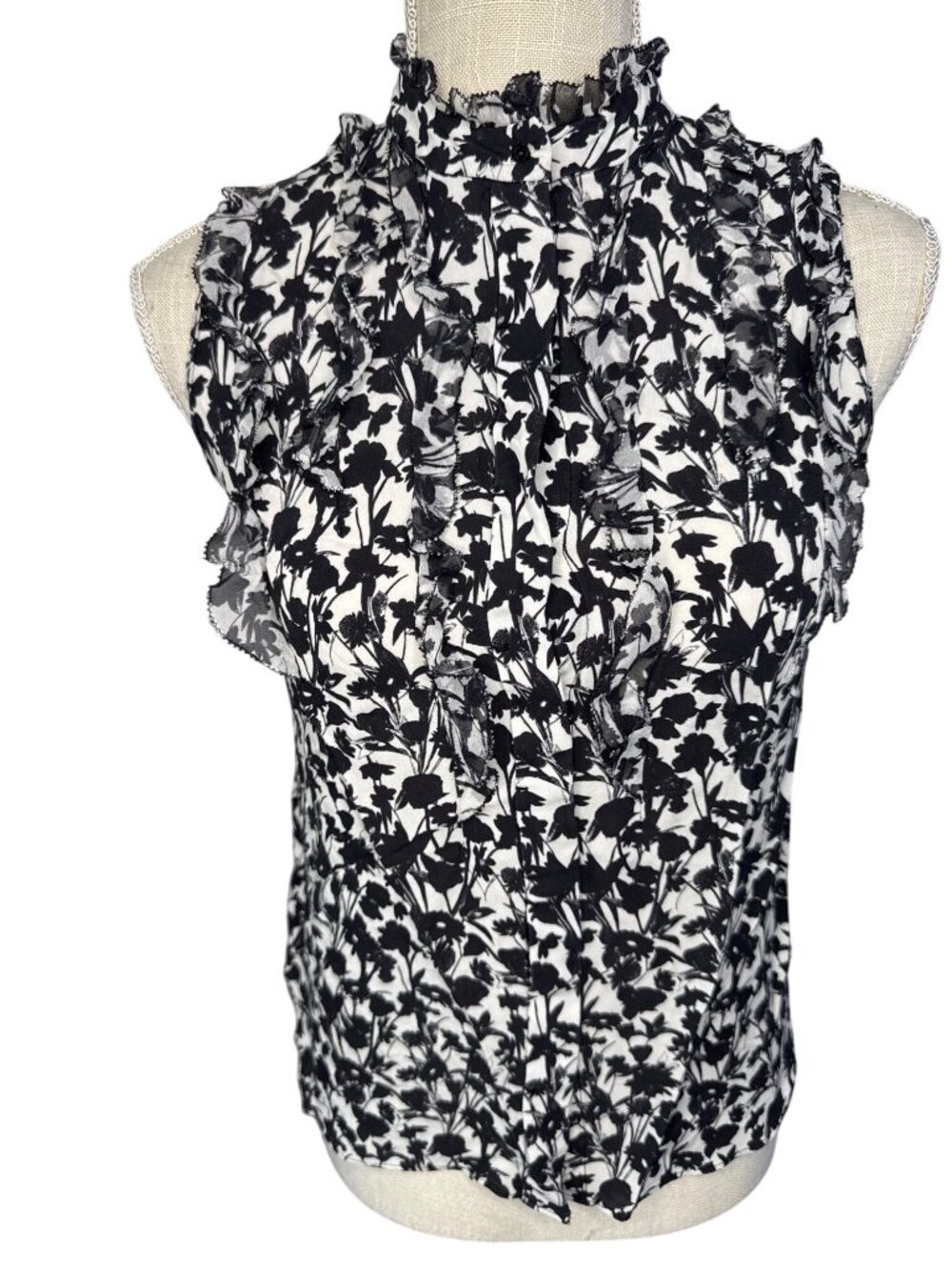 Elle Tahari Black & White Floral Sleeveless Silk Ruffle Blouse S